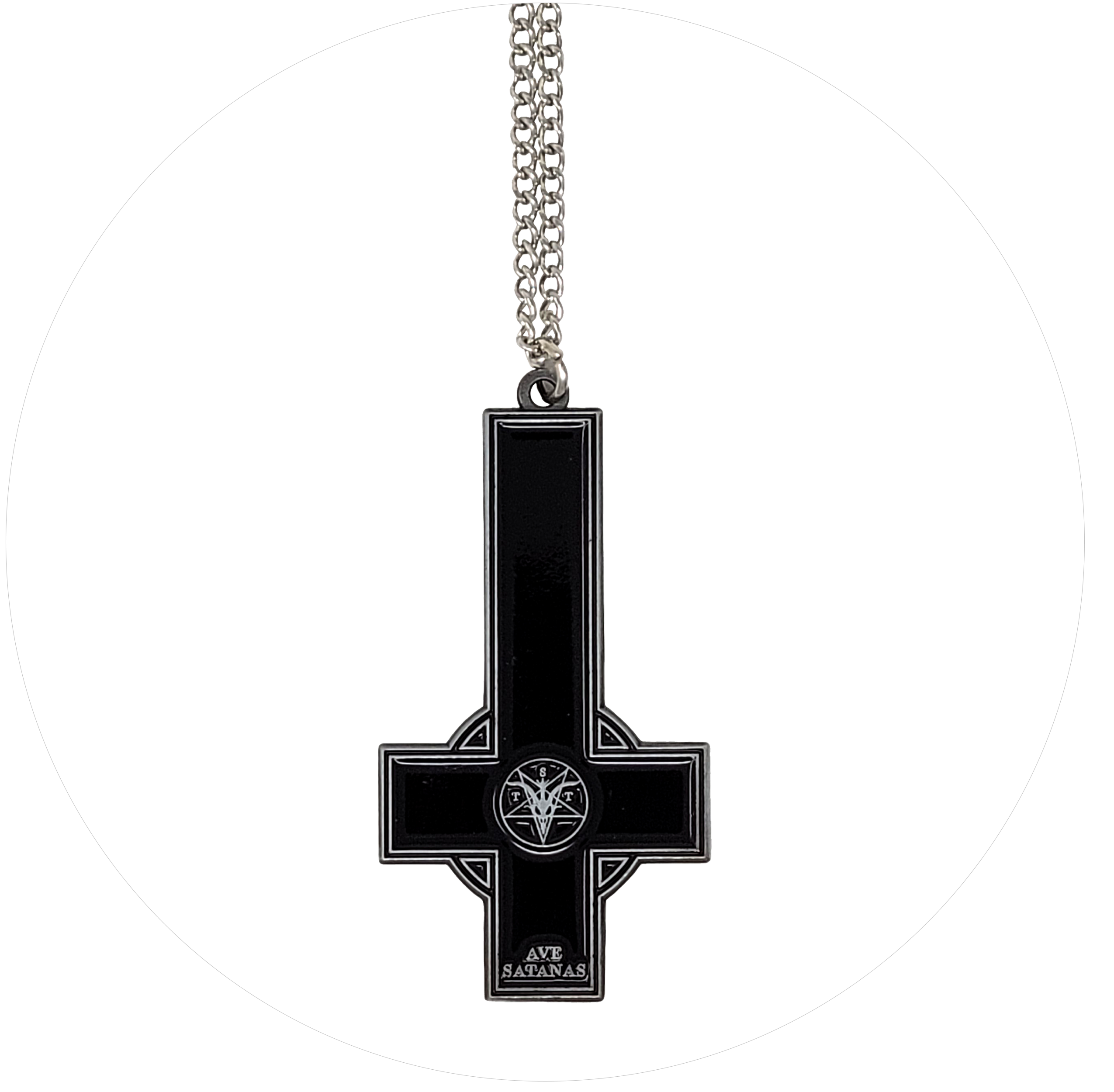The Satanic Temple Jewelry. Silver pendant with purple and black text logo.