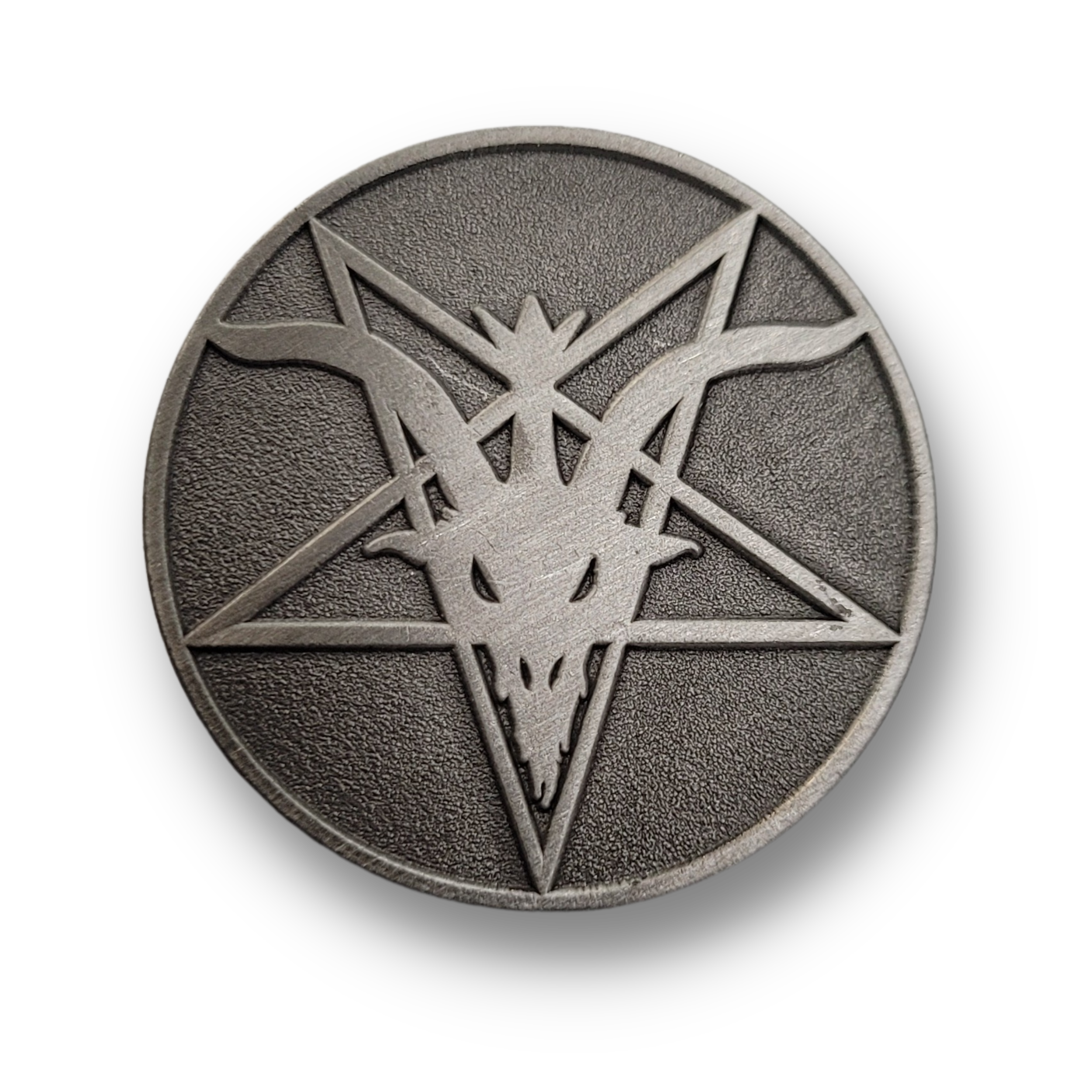 Die-struck antique silver lapel pin with Baphomet sigil in raised metal relief