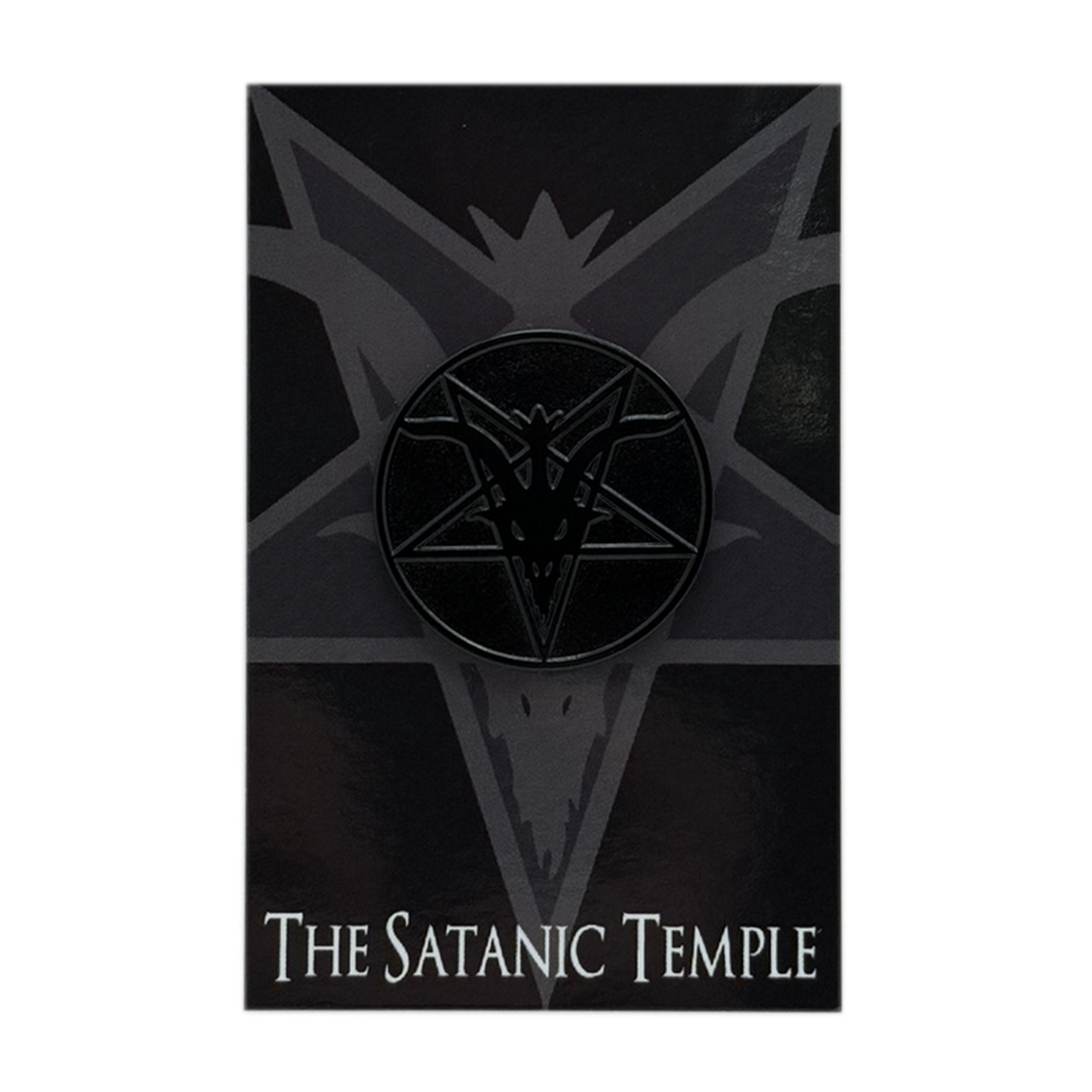 A black enamel lapel pin featuring The Satanic Temple Logo, mounted on a black display card with the text 'THE SATANIC TEMPLE' at the bottom.