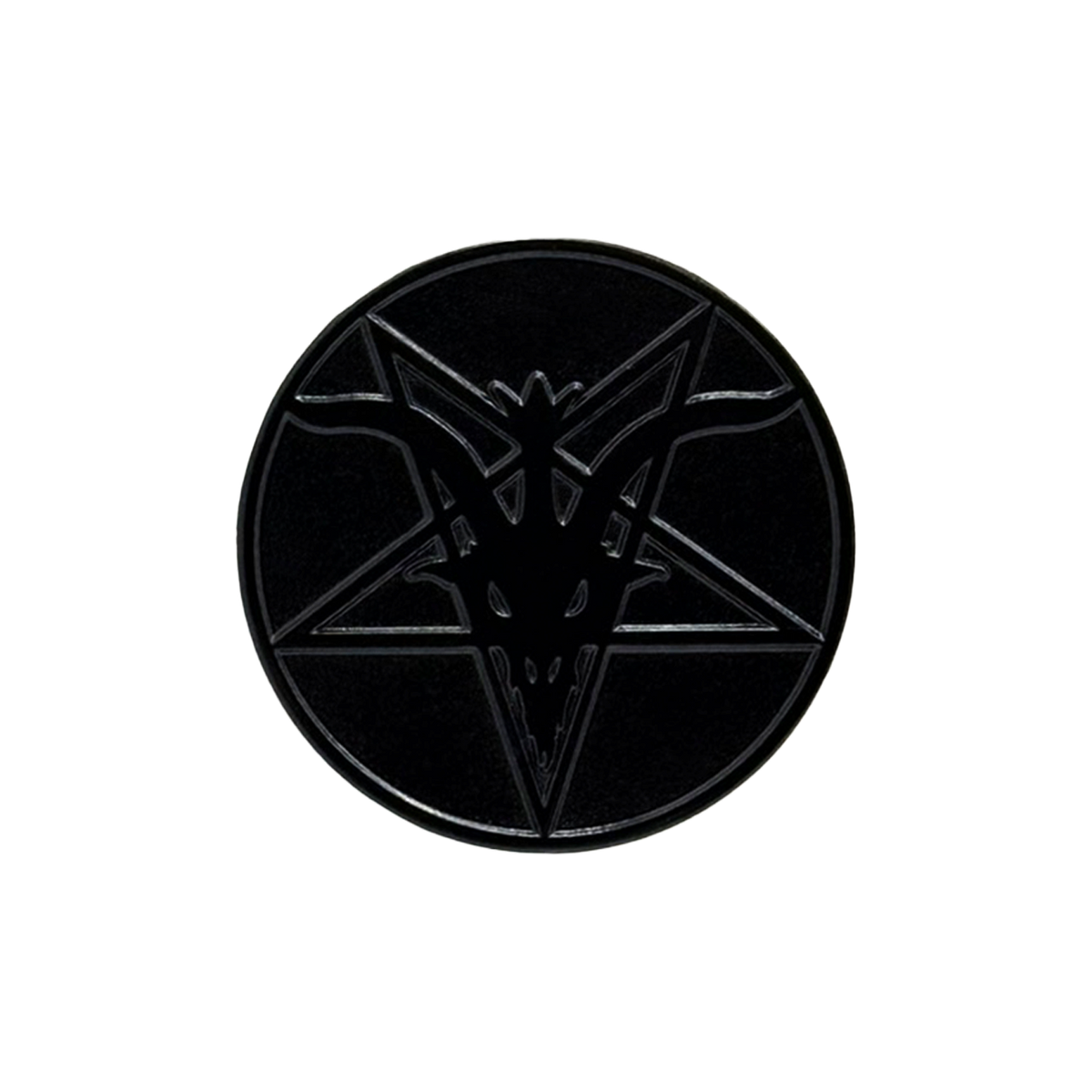 A circular black enamel pin featuring the Satanic Temple Logo, shown on a solid white background.