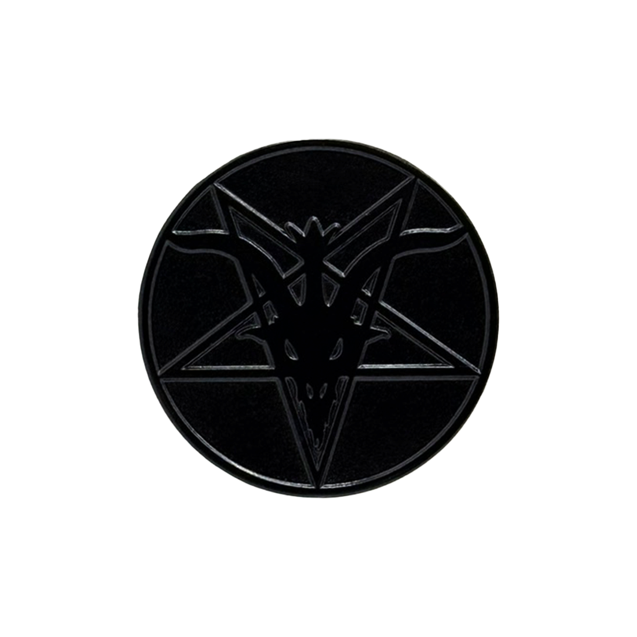 A circular black enamel pin featuring the Satanic Temple Logo, shown on a solid white background.