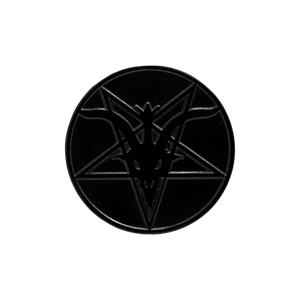 A circular black enamel pin featuring the Satanic Temple Logo, shown on a solid white background.