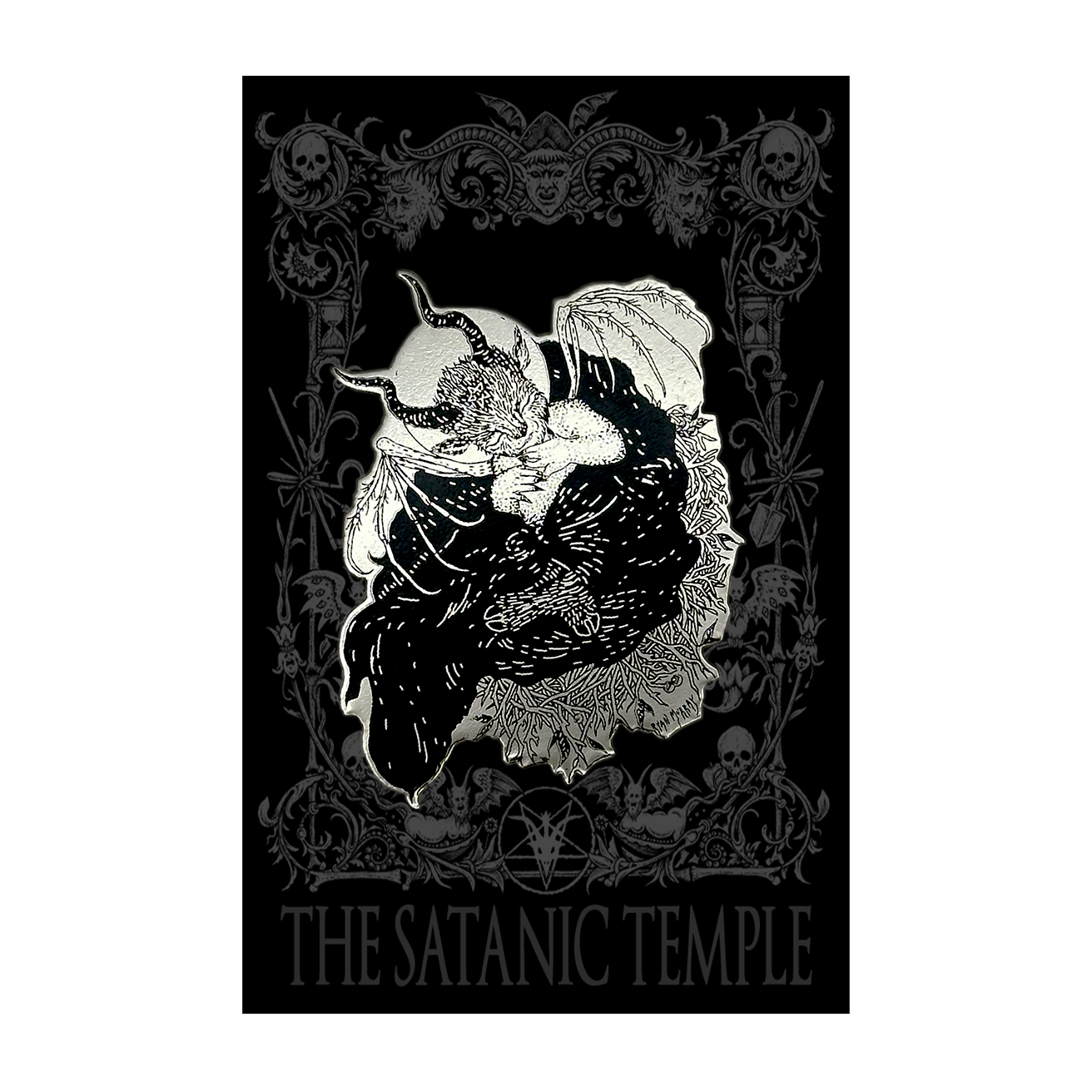 A black poster or art print featuring a detailed silver-toned illustration of a horned demon figure, surrounded by ornate gothic floral and skull motifs, with the text 'THE SATANIC TEMPLE' at the bottom.