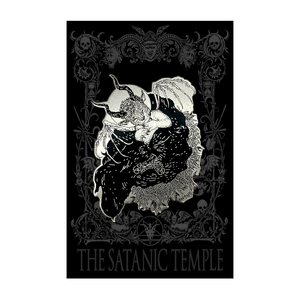 A black poster or art print featuring a detailed silver-toned illustration of a horned demon figure, surrounded by ornate gothic floral and skull motifs, with the text 'THE SATANIC TEMPLE' at the bottom.