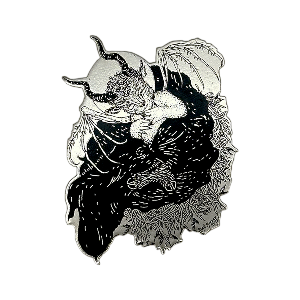 A detailed black and silver enamel pin depicting a horned fantasy creature embracing a small white rabbit, isolated on a solid white background. Baby Baphomet designed by the Black Veil. 