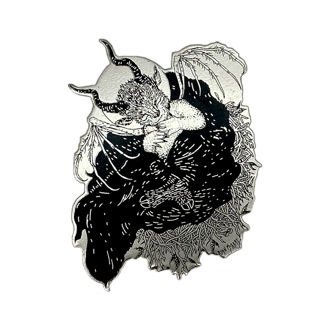 A detailed black and silver enamel pin depicting a horned fantasy creature embracing a small white rabbit, isolated on a solid white background. Baby Baphomet designed by the Black Veil. 
