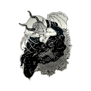 A detailed black and silver enamel pin depicting a horned fantasy creature embracing a small white rabbit, isolated on a solid white background. Baby Baphomet designed by the Black Veil. 