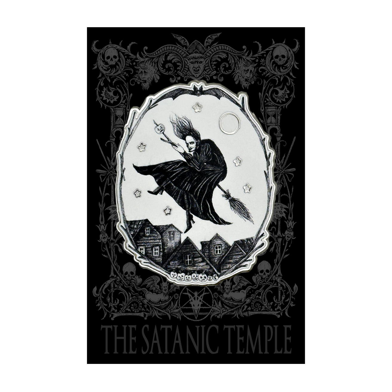 A black and white gothic art print titled 'THE SATANIC TEMPLE' featuring a witch riding a broomstick over small houses under a full moon, framed by ornate skull and vine motifs.