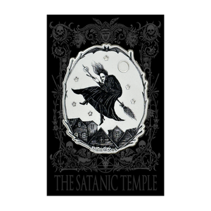 A black and white gothic art print titled 'THE SATANIC TEMPLE' featuring a witch riding a broomstick over small houses under a full moon, framed by ornate skull and vine motifs.