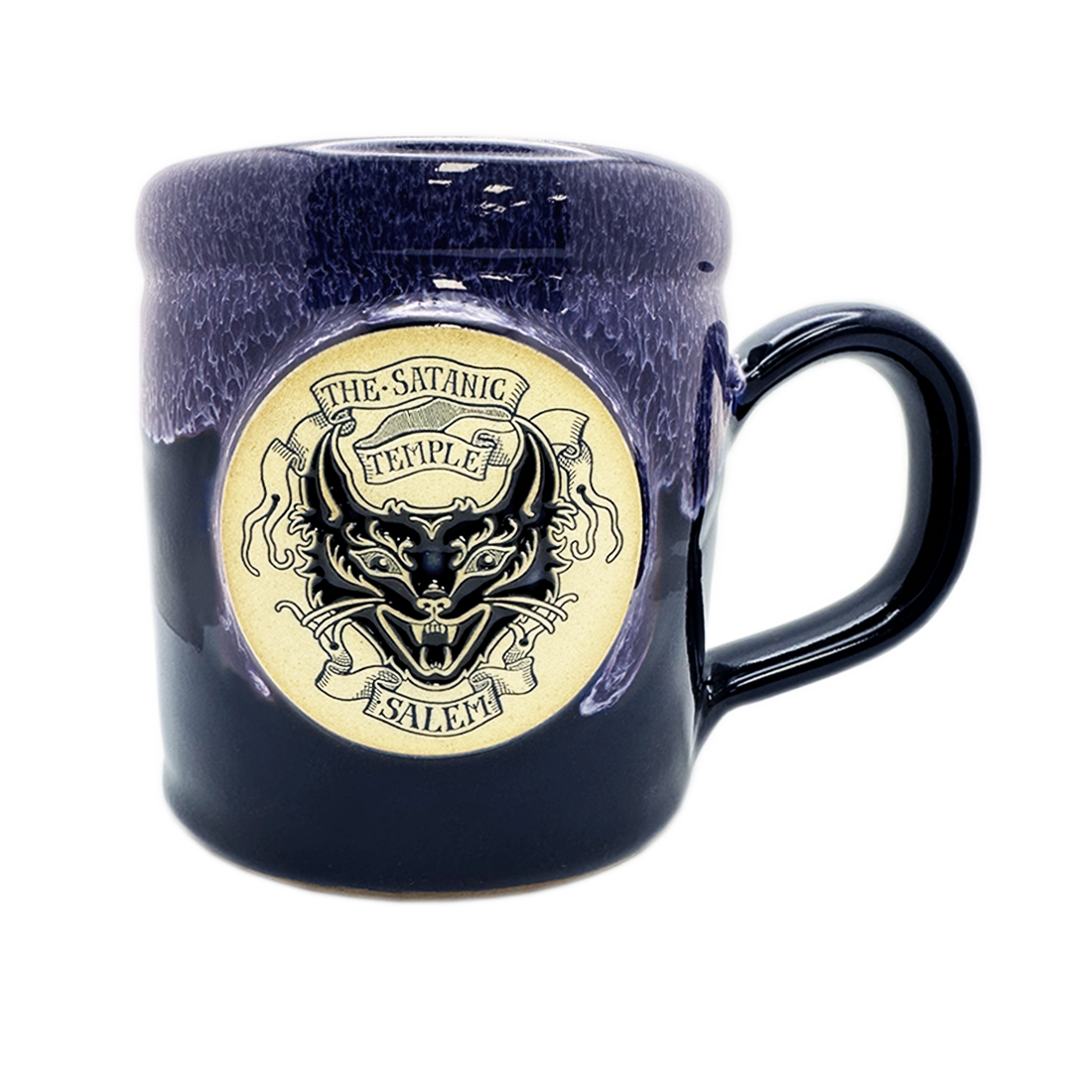 The Satanic Temple Salem Devil Kitty camper mug, midnight blue glaze with lilac rim" / "Devil Kitty medallion on dark blue Deneen camper mug.