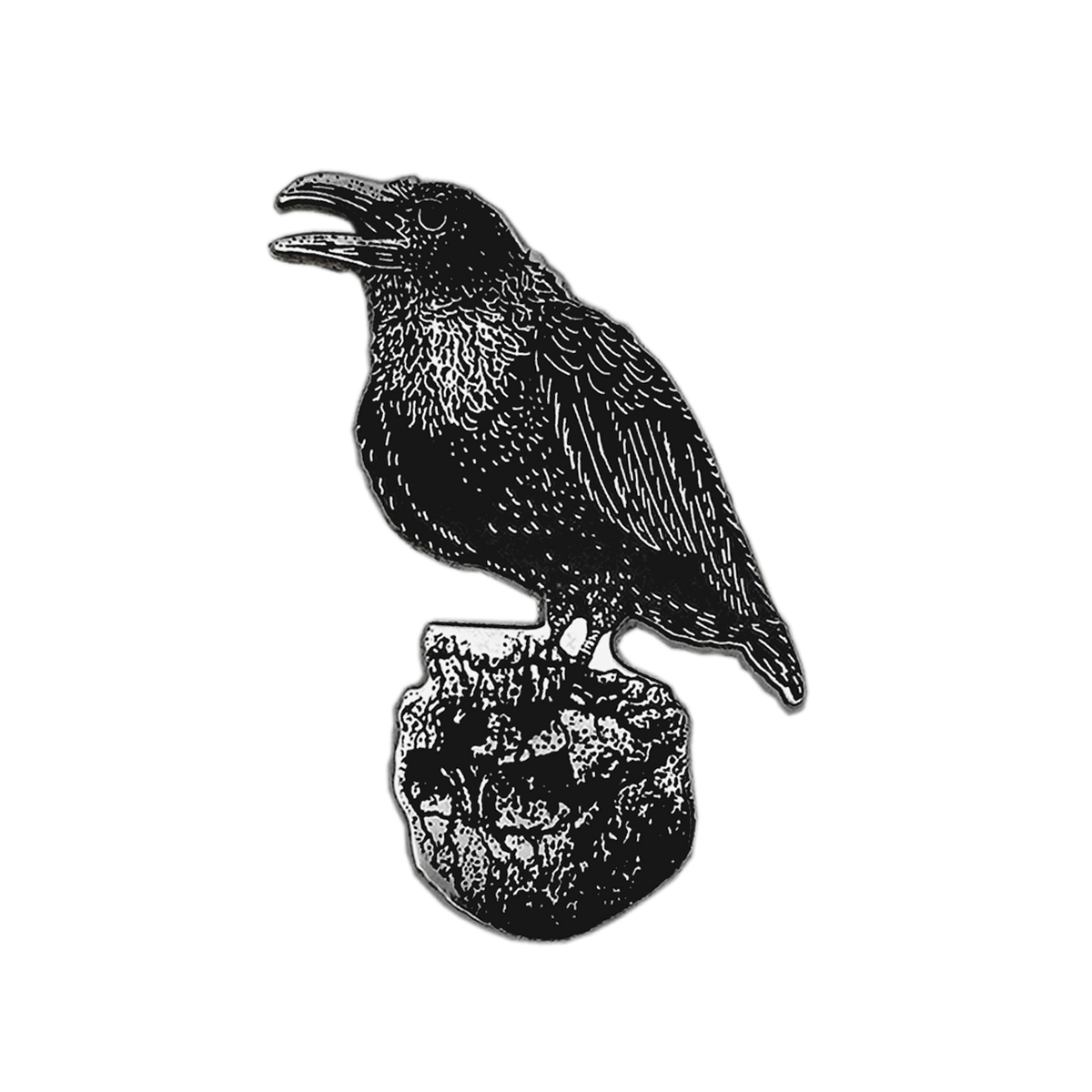 A black metal raven pin or charm with detailed feather texture, perched on a rock base, shown on a plain white background.