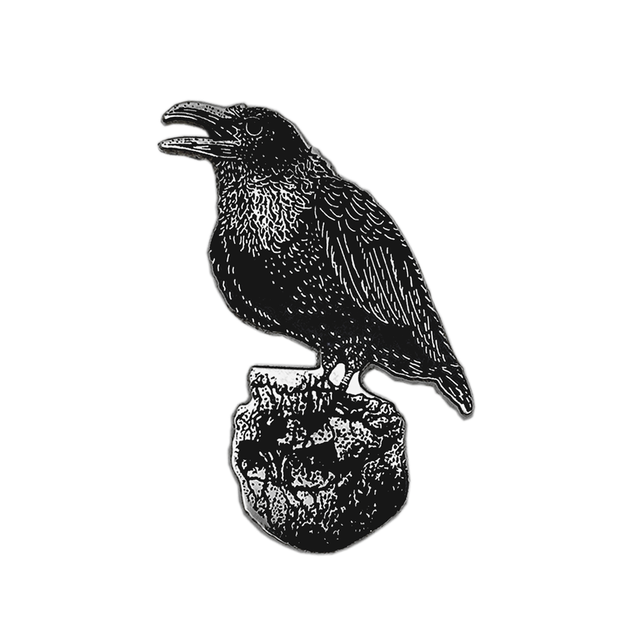 A black metal raven pin or charm with detailed feather texture, perched on a rock base, shown on a plain white background.