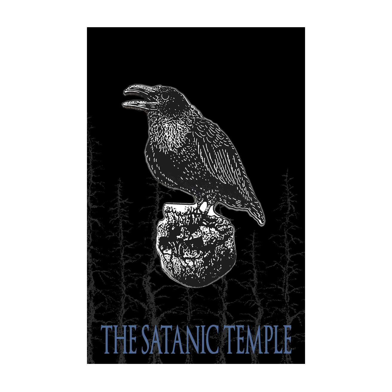 A rectangular black graphic print or card featuring a white illustrated raven perched on a skull, with the text 'THE SATANIC TEMPLE' in blue at the bottom, shown against a white surrounding background.