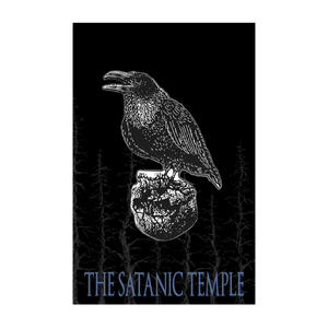 A rectangular black graphic print or card featuring a white illustrated raven perched on a skull, with the text 'THE SATANIC TEMPLE' in blue at the bottom, shown against a white surrounding background.