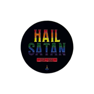 A circular black sticker or button featuring the text 'HAIL SATAN' in a rainbow gradient font, with 'EST. 666' in a small red banner below, centered on a plain white background.