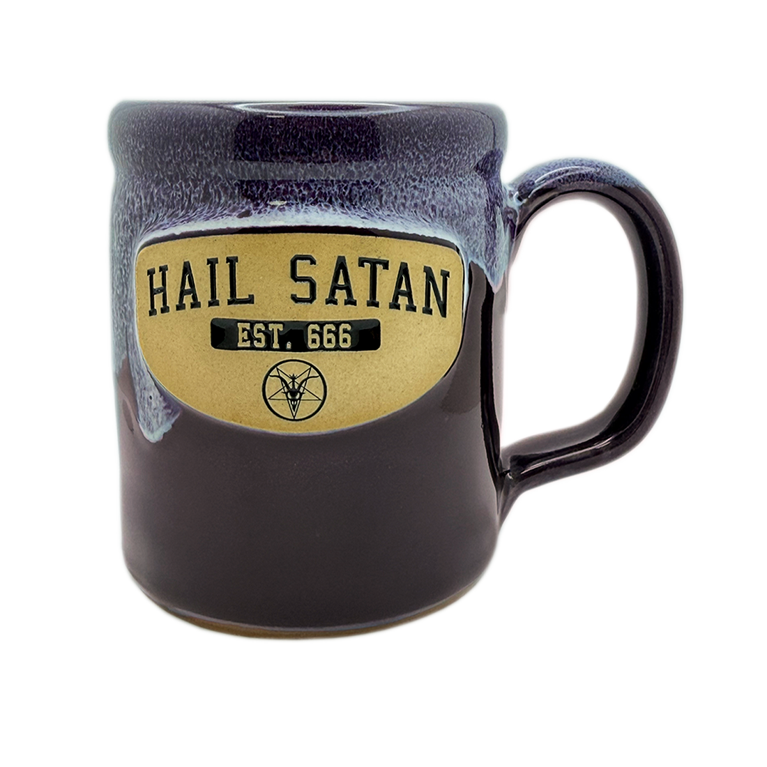 The Satanic Temple Hail Satan camper mug, [black/sand | plum/lilac] glaze" / "Hail Satan Est. 666 medallion on Deneen camper mug.
