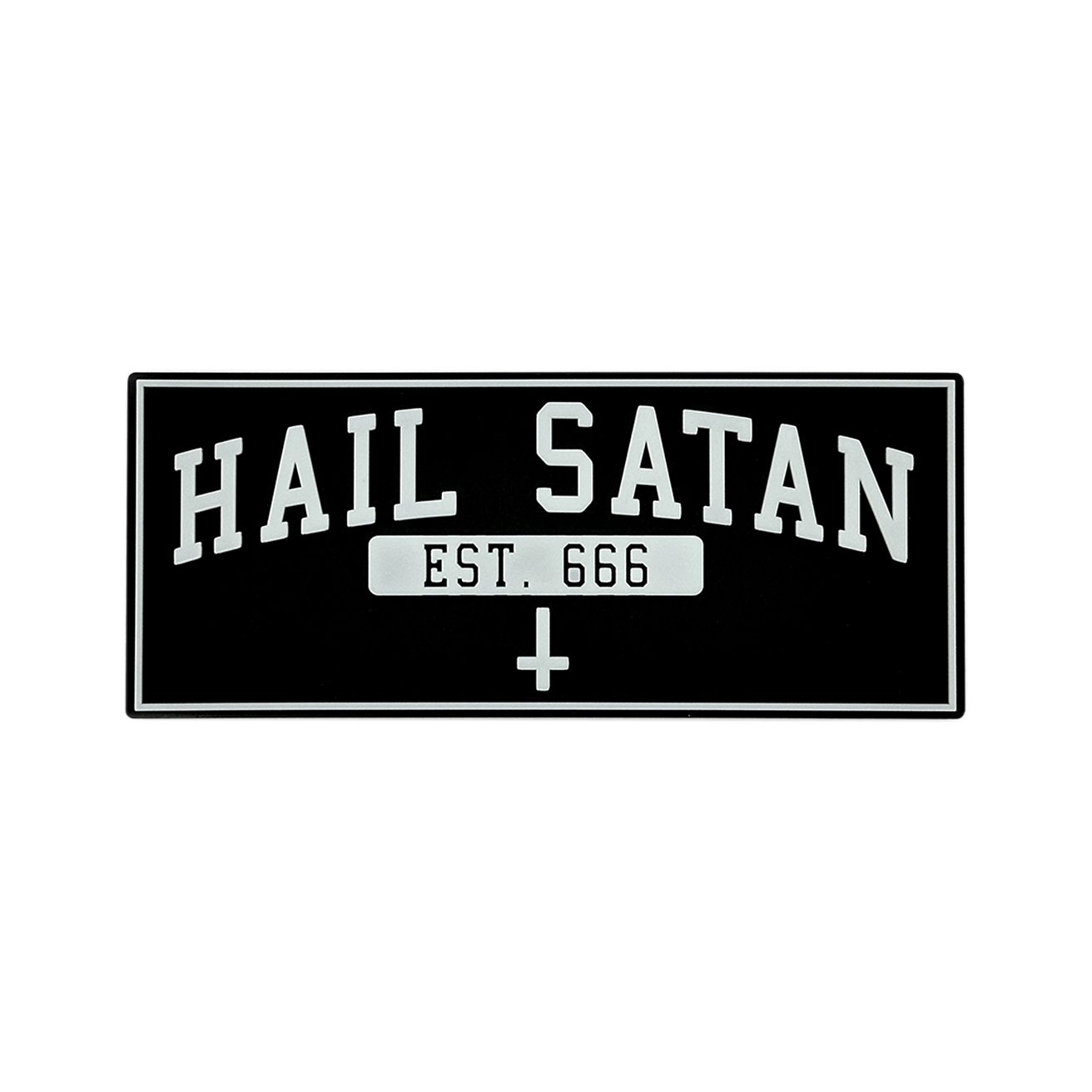A rectangular black patch with a white border and white text reading 'HAIL SATAN' above 'EST. 666' and a white cross, shown on a plain white background.
