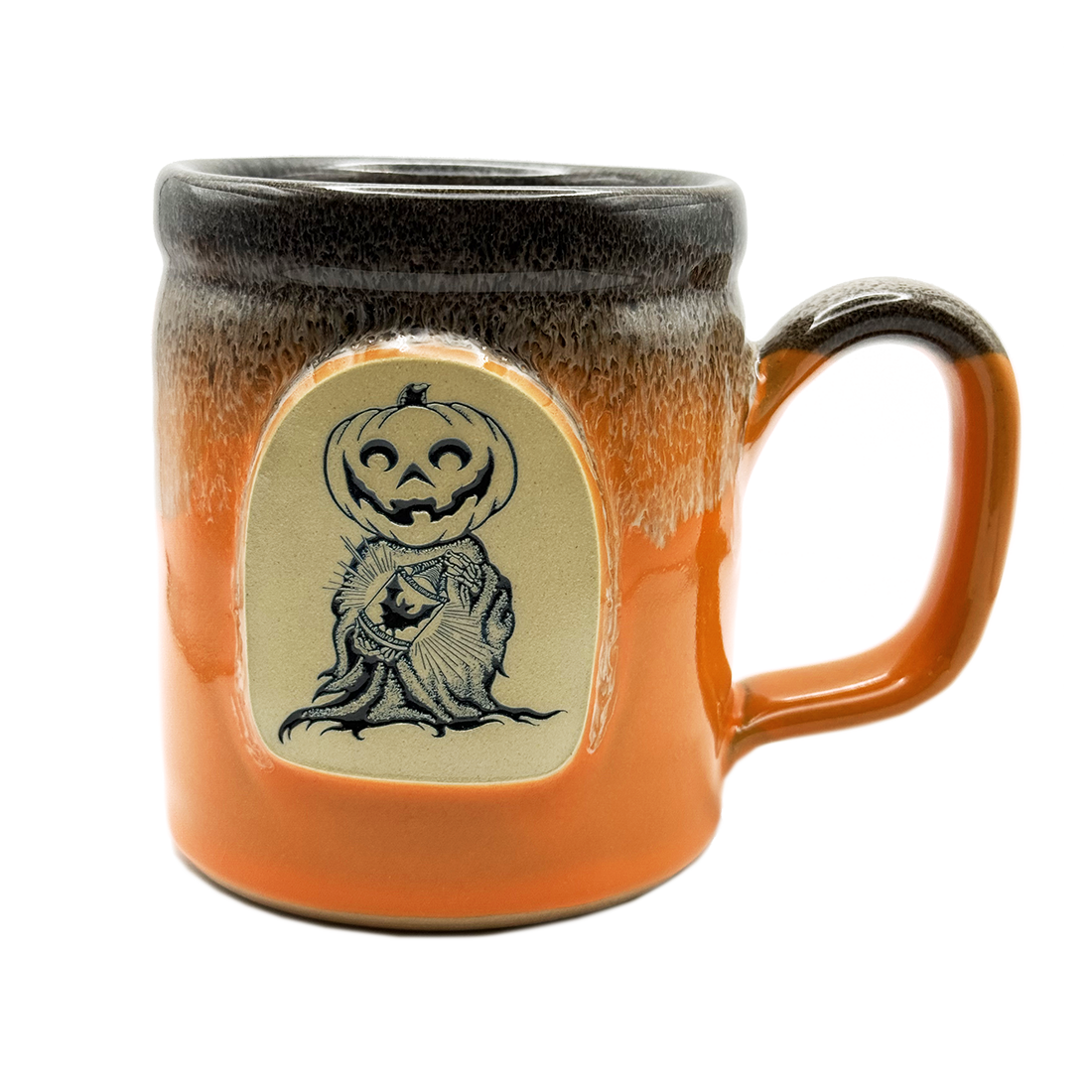 The Satanic Temple Pumpkin Ghost mug by Lex Corey, sunset orange glaze" / "Ghost rising from pumpkin medallion on orange Deneen mug.