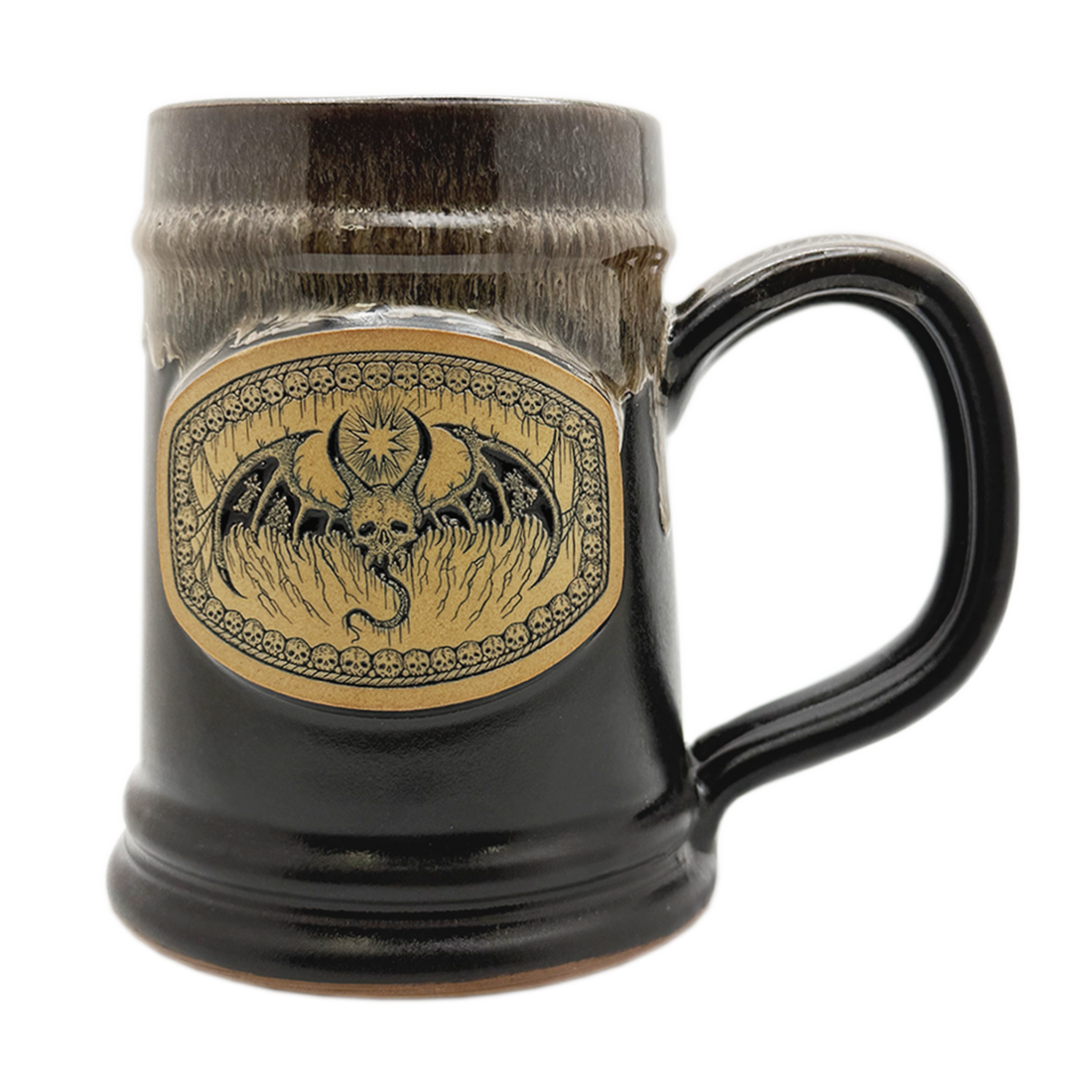The Satanic Temple Devil Bat tankard by Luciana Nedelea, onyx glaze with sand rim" / "Skull-faced bat medallion on black Deneen tankard