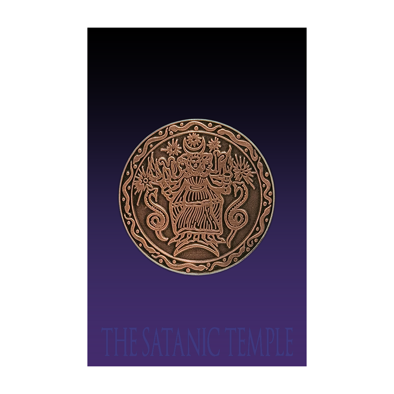 A rectangular print or card with a black-to-purple gradient background featuring a central circular bronze-toned ornate Hecate and the text 'THE SATANIC TEMPLE' in light blue at the bottom, shown on a white background.