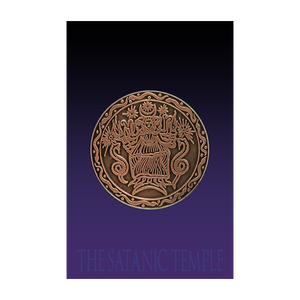 A rectangular print or card with a black-to-purple gradient background featuring a central circular bronze-toned ornate Hecate and the text 'THE SATANIC TEMPLE' in light blue at the bottom, shown on a white background.