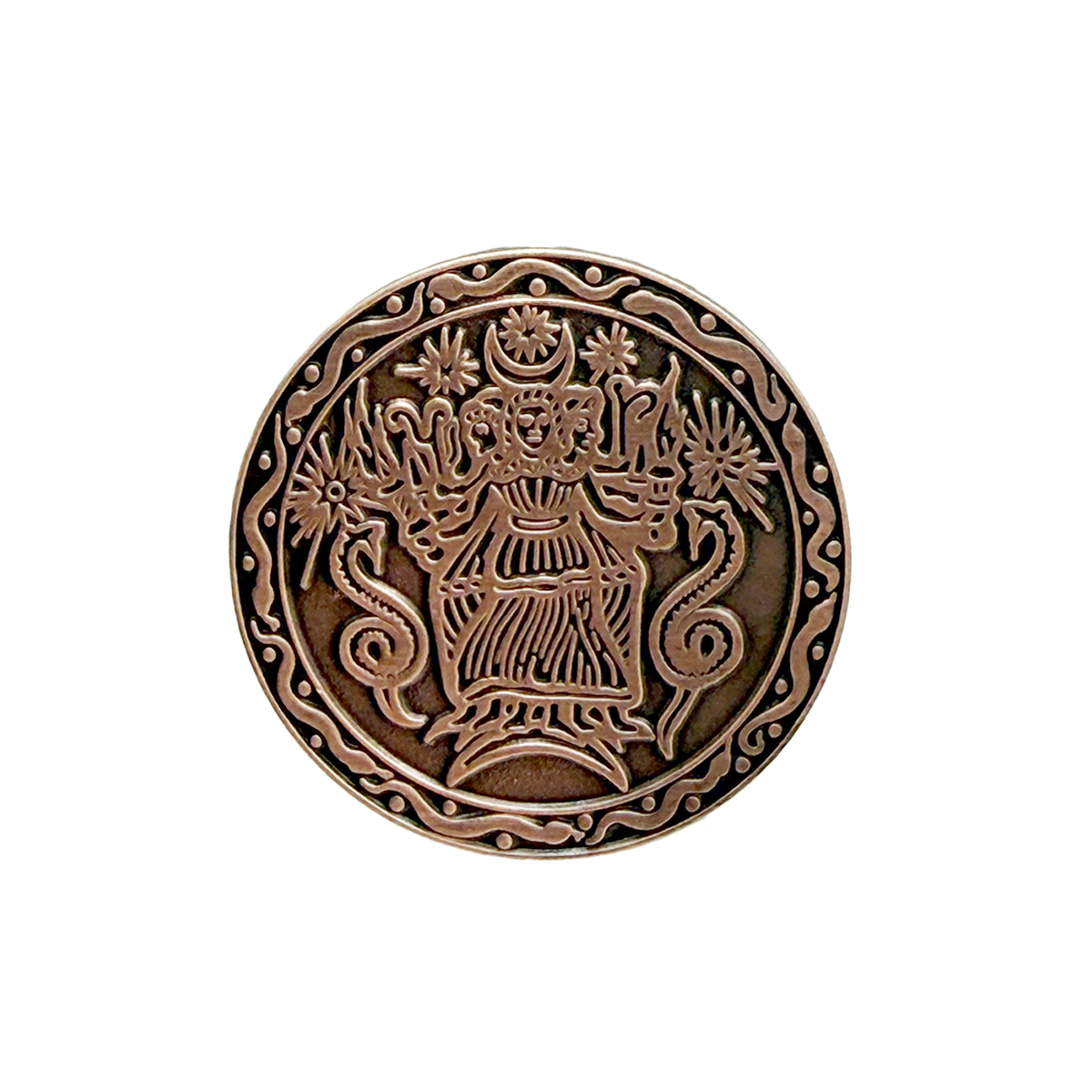 A round bronze-colored metal button featuring an embossed Hecate, shown on a plain white background.