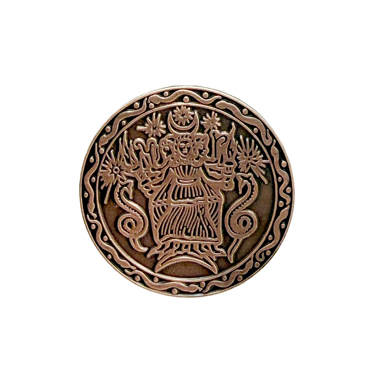 A round bronze-colored metal button featuring an embossed Hecate, shown on a plain white background.