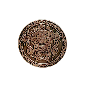 A round bronze-colored metal button featuring an embossed Hecate, shown on a plain white background.
