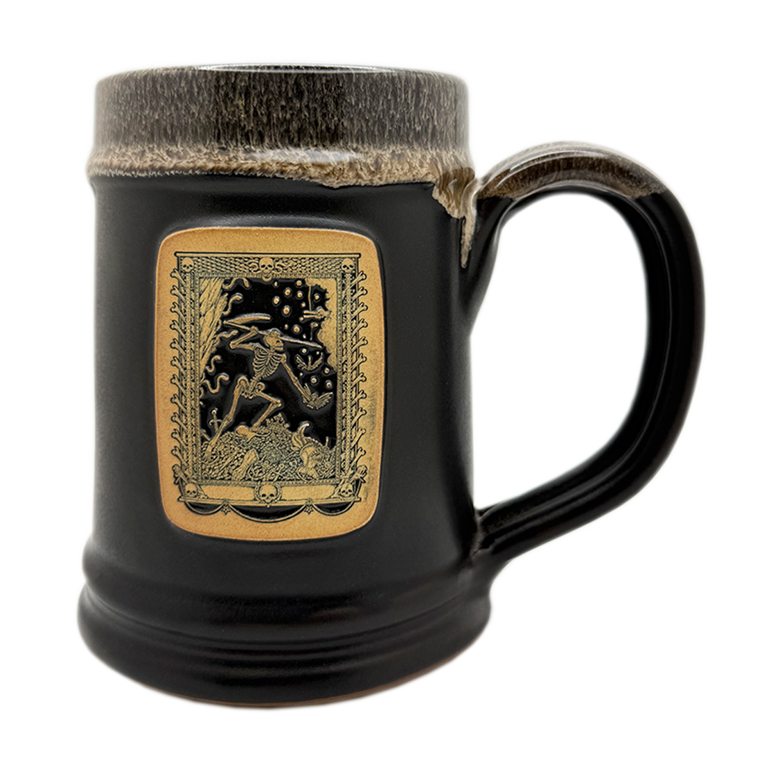 The Satanic Temple Reaper tankard by Luciana Nedelea, onyx glaze with sand rim" / "Reaper death card medallion on black Deneen tankard.