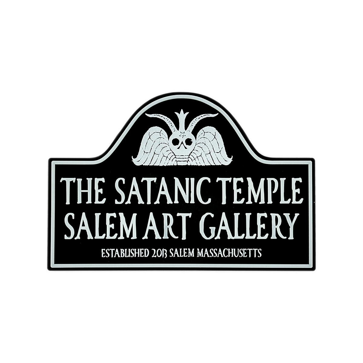 A black sign-shaped patch or sticker with white border and white text reading “THE SATANIC TEMPLE SALEM ART GALLERY” and smaller text “ESTABLISHED 208 SALEM MASSACHUSETTS,” topped with a white winged horned emblem, shown on a plain white background.