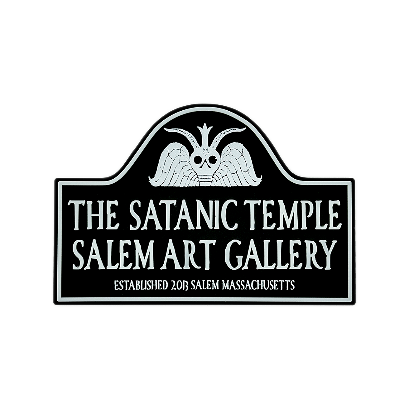 A black sign-shaped patch or sticker with white border and white text reading “THE SATANIC TEMPLE SALEM ART GALLERY” and smaller text “ESTABLISHED 208 SALEM MASSACHUSETTS,” topped with a white winged horned emblem, shown on a plain white background.
