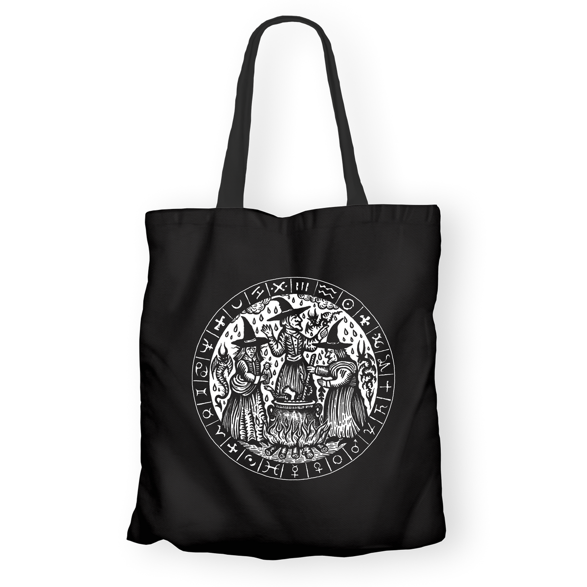The Satanic Temple Coven tote bag by Luciana Nedelea, three witches at a cauldron in white on black canvas.