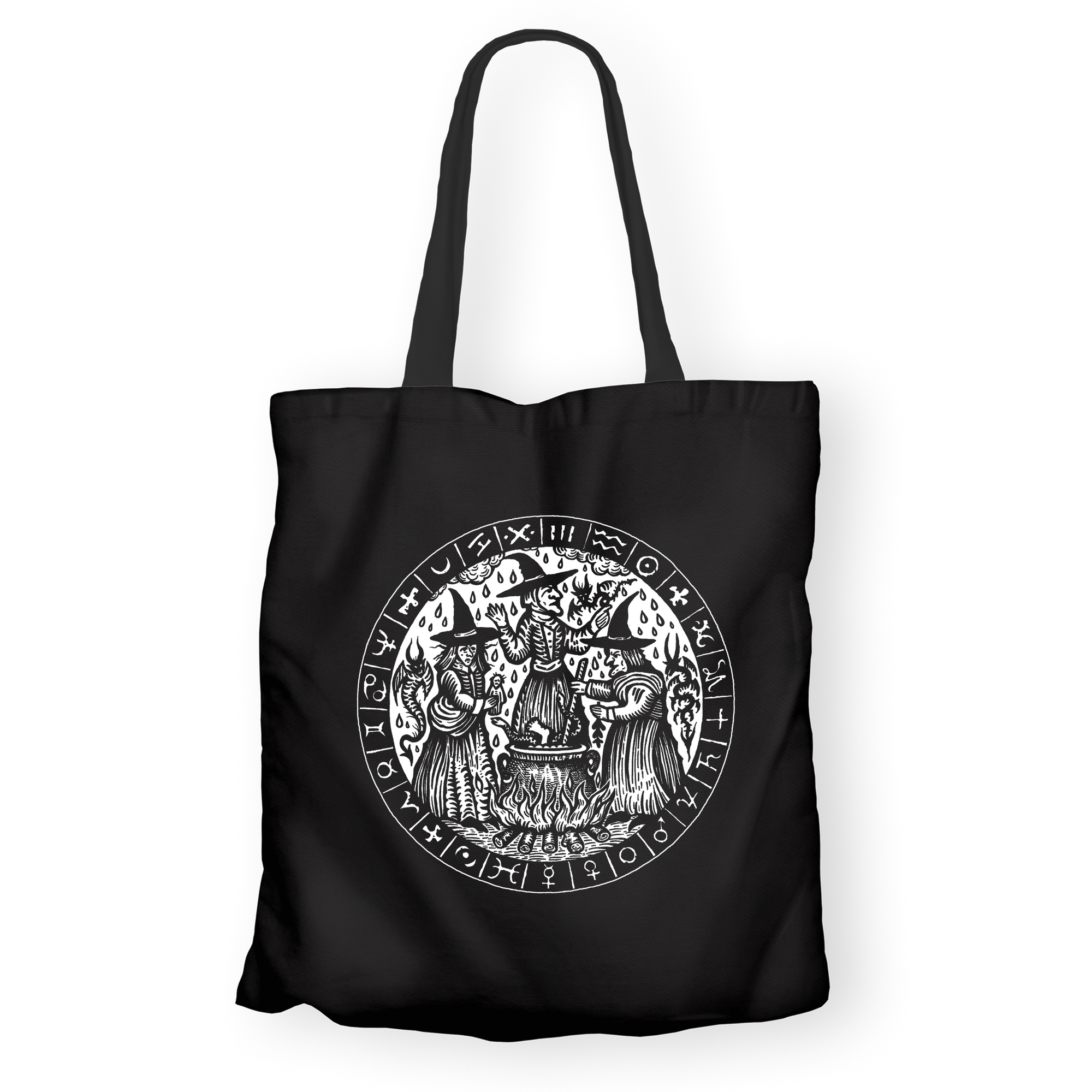 The Satanic Temple Coven tote bag by Luciana Nedelea, three witches at a cauldron in white on black canvas.