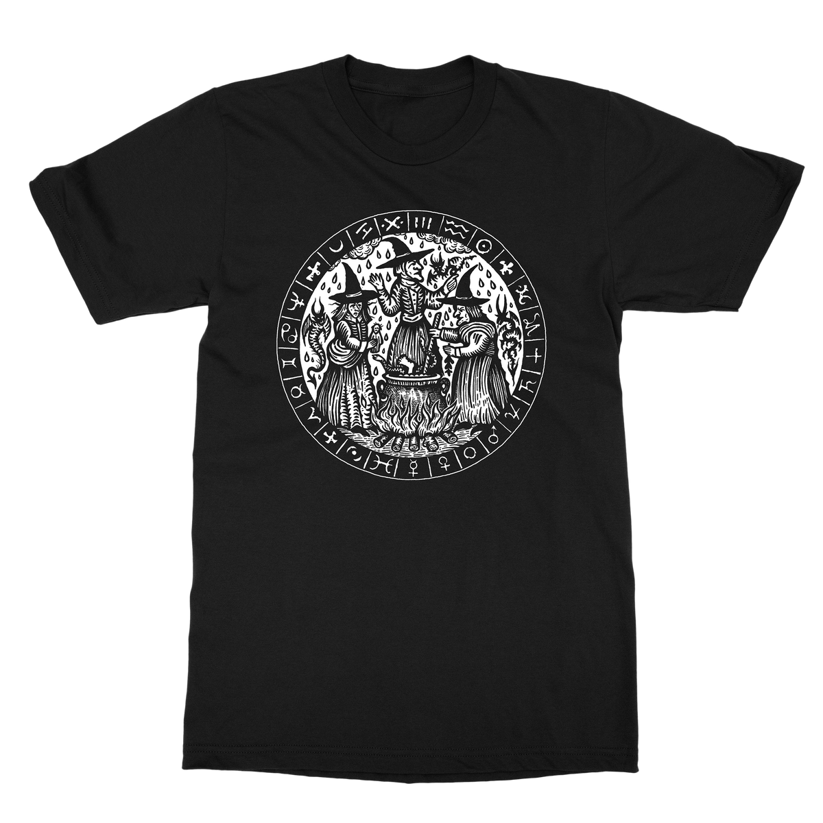 The Satanic Temple Coven t-shirt by Luciana Nedelea, three witches at a cauldron in white on black.
