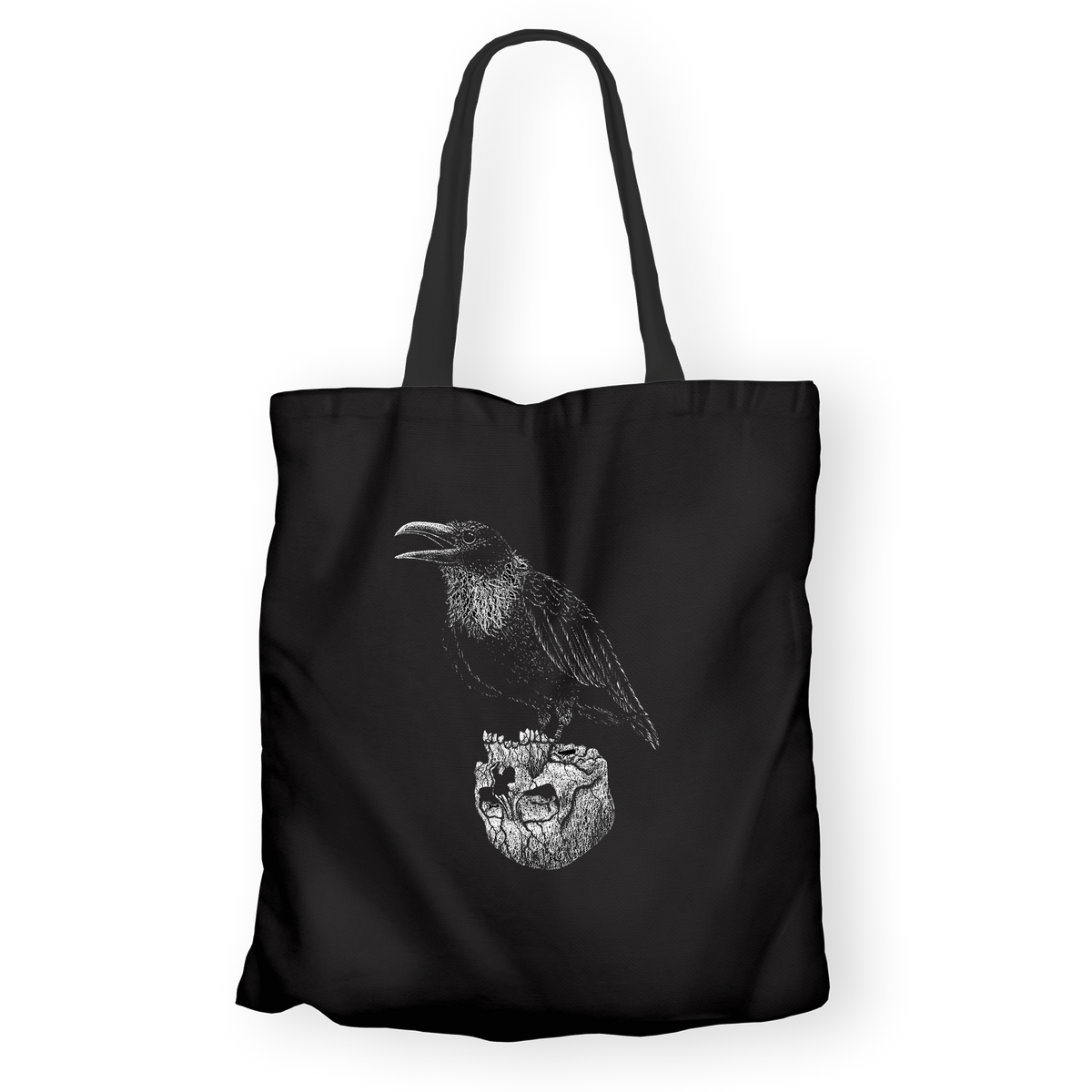 The Satanic Temple Raven tote bag by Dylan Garrett Smith, raven on skull in white on black canvas.