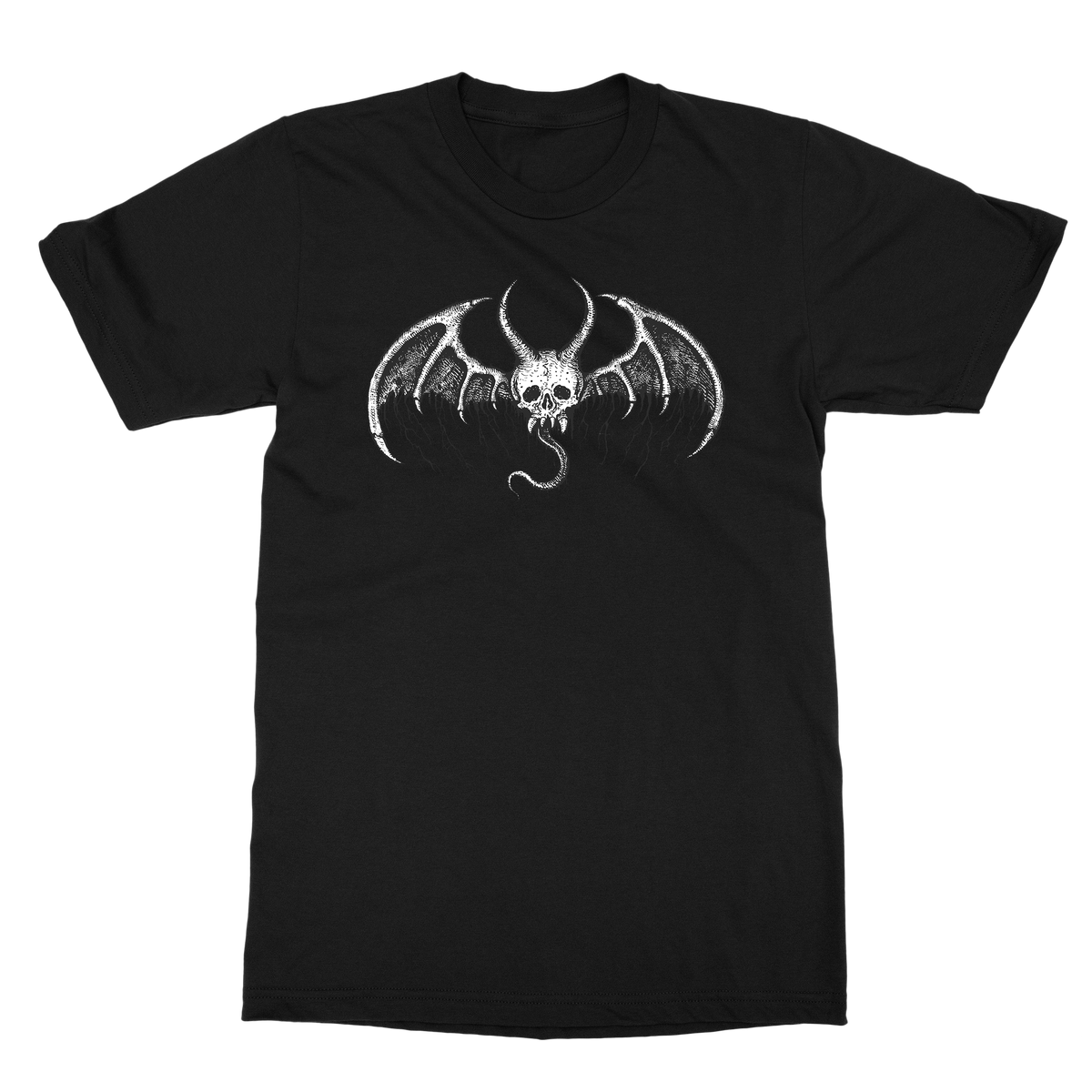 A black short-sleeve crewneck t-shirt featuring a white graphic print of a horned skull with spread wings on the chest, displayed against a solid white background.