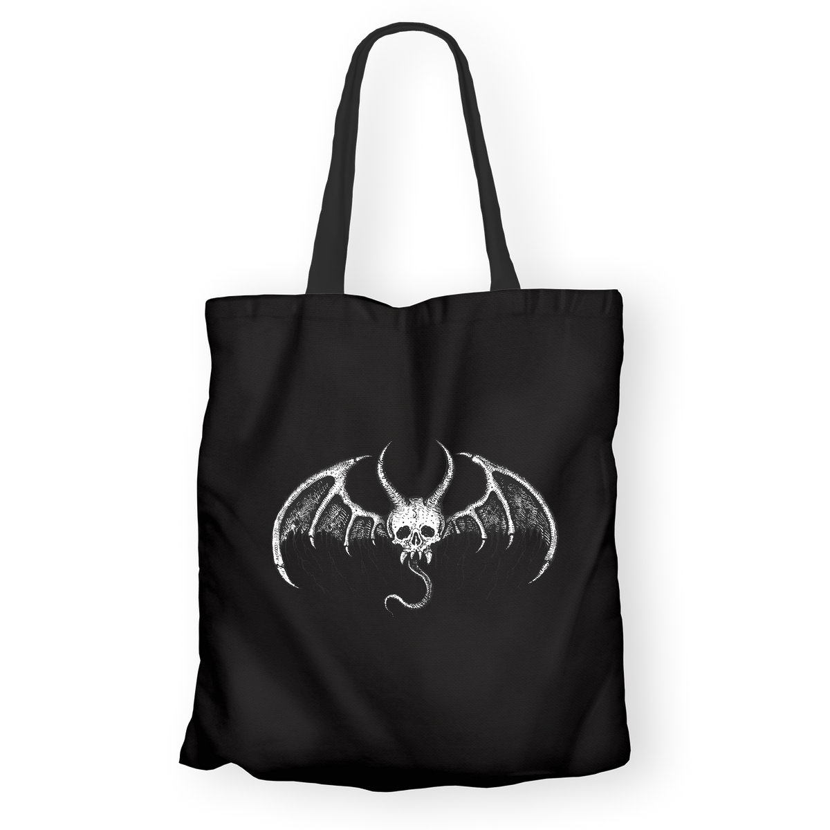 A black canvas tote bag with two shoulder straps, featuring a white graphic print of a winged bat skull on the front, set against a plain white background.