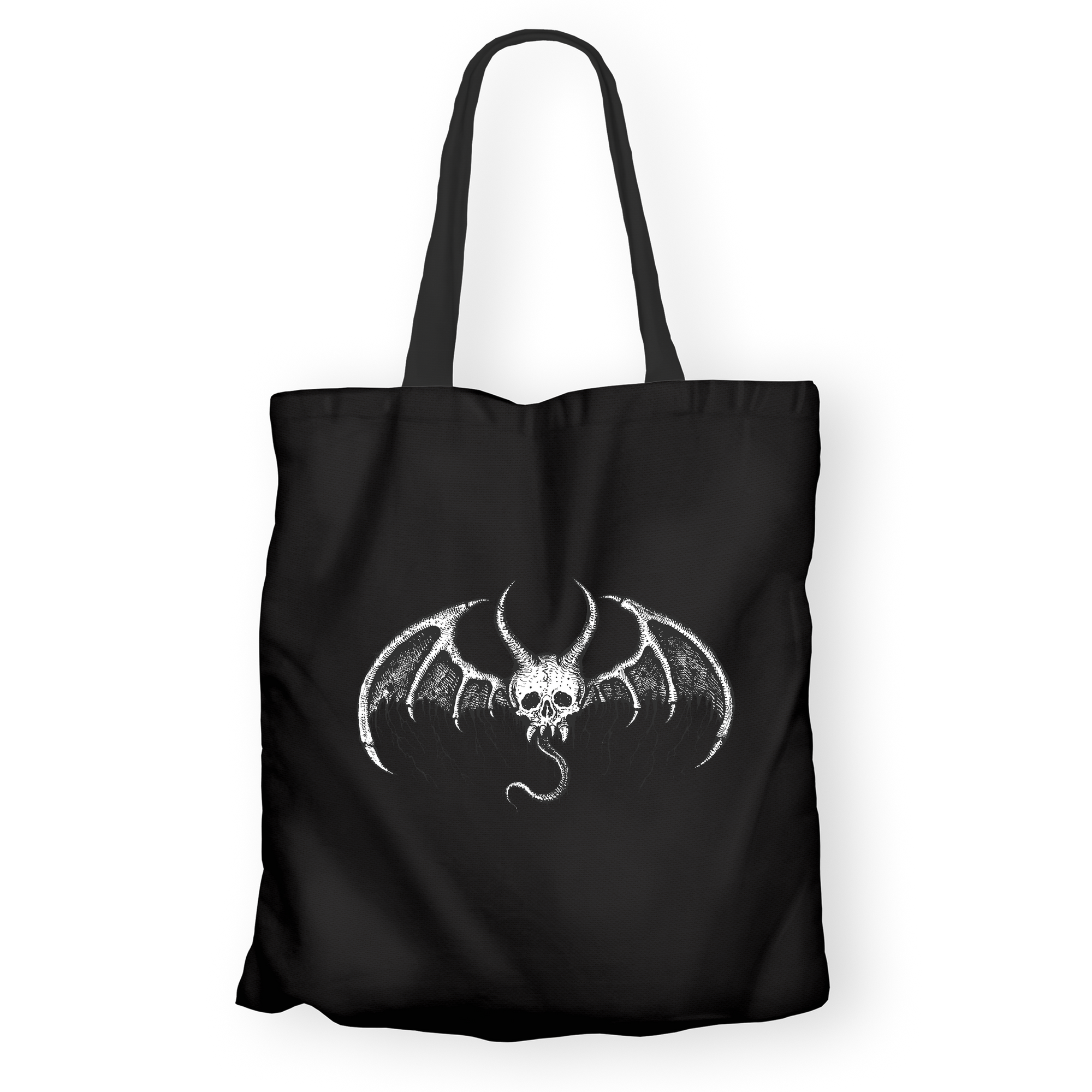 A black canvas tote bag with two shoulder straps, featuring a white graphic print of a winged bat skull on the front, set against a plain white background.