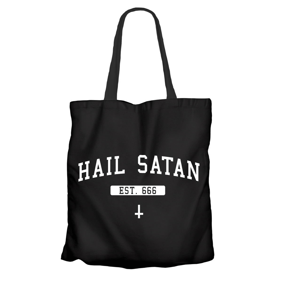 A black cotton tote bag featuring a screen-printed design thats says Hail Satan in white with 666 below it. 