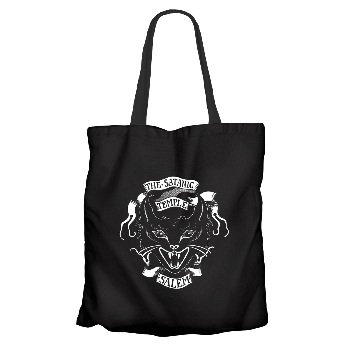 The Satanic Temple Salem Devil Kitty tote bag by Lex Corey, white print on black canvas.
