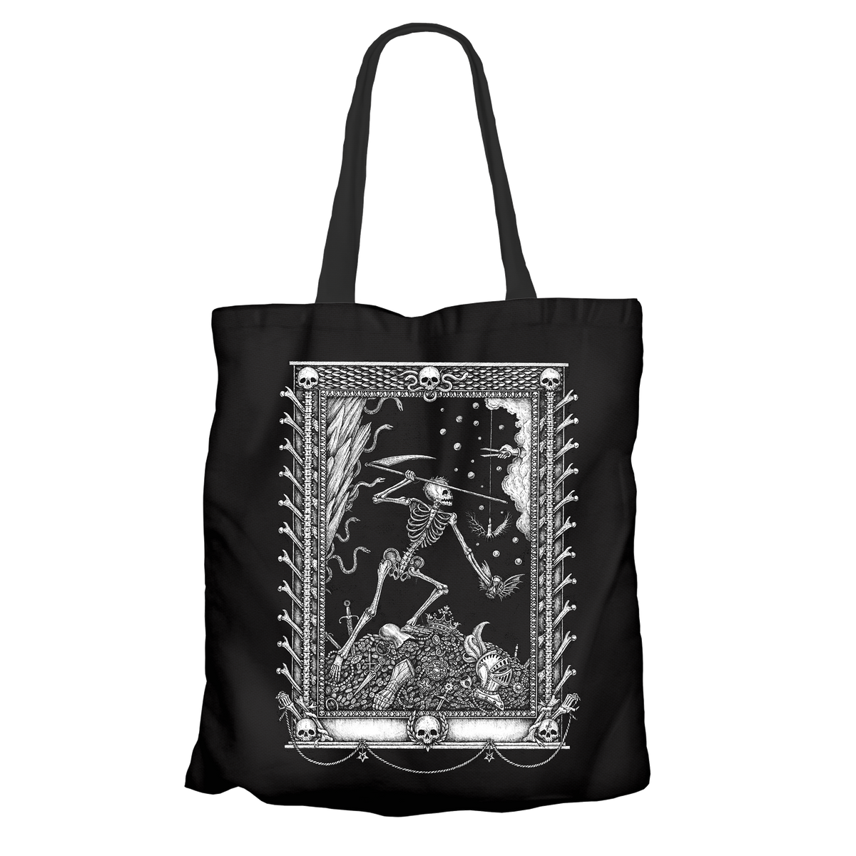 The Satanic Temple Reaper tote bag by Luciana Nedelea, reaper death card in white on black canvas.