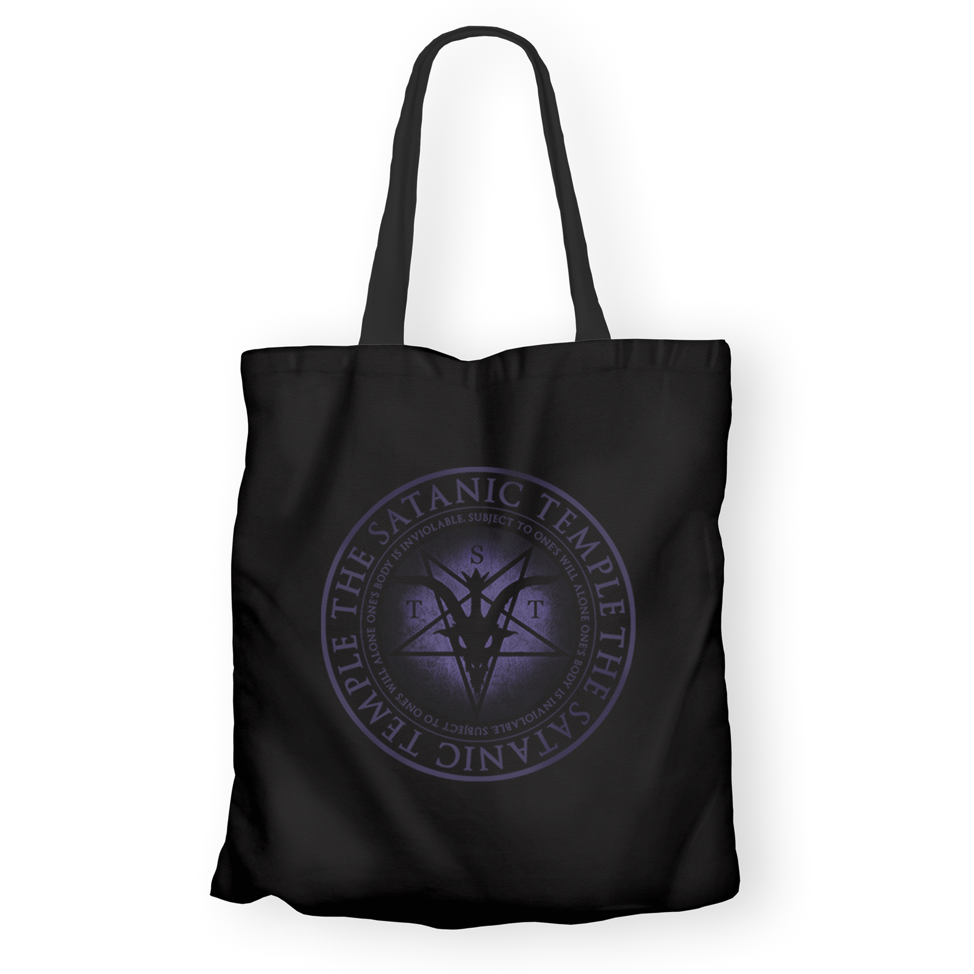 The Satanic Temple Religious Reproductive Rights Logo Tote Bag "One's body is inviolable, subject to one's own will alone." Purple print on black canvas