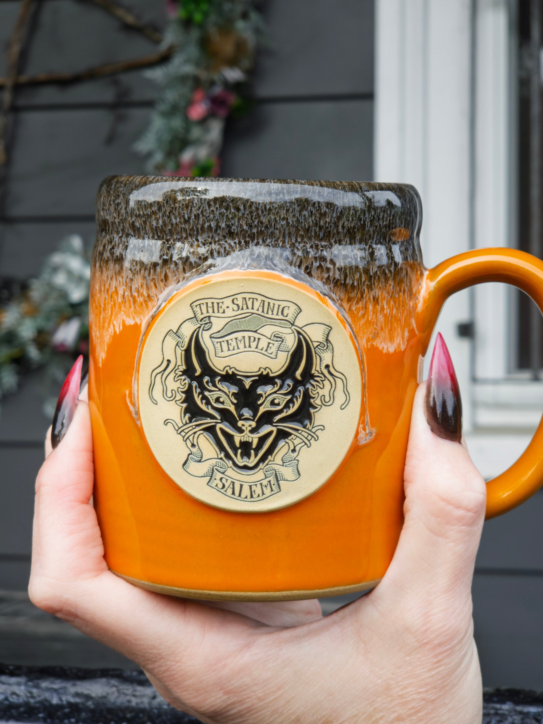 Salem Devil Kitty Mug designed by Alexander Lex Corey - Orange and Black
