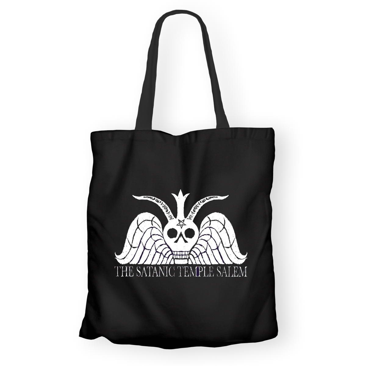 A black canvas tote bag with two handles, featuring a white graphic of a winged skull with horns and the text 'THE SATANIC TEMPLE SALEM' printed on the front, set against a plain white background.