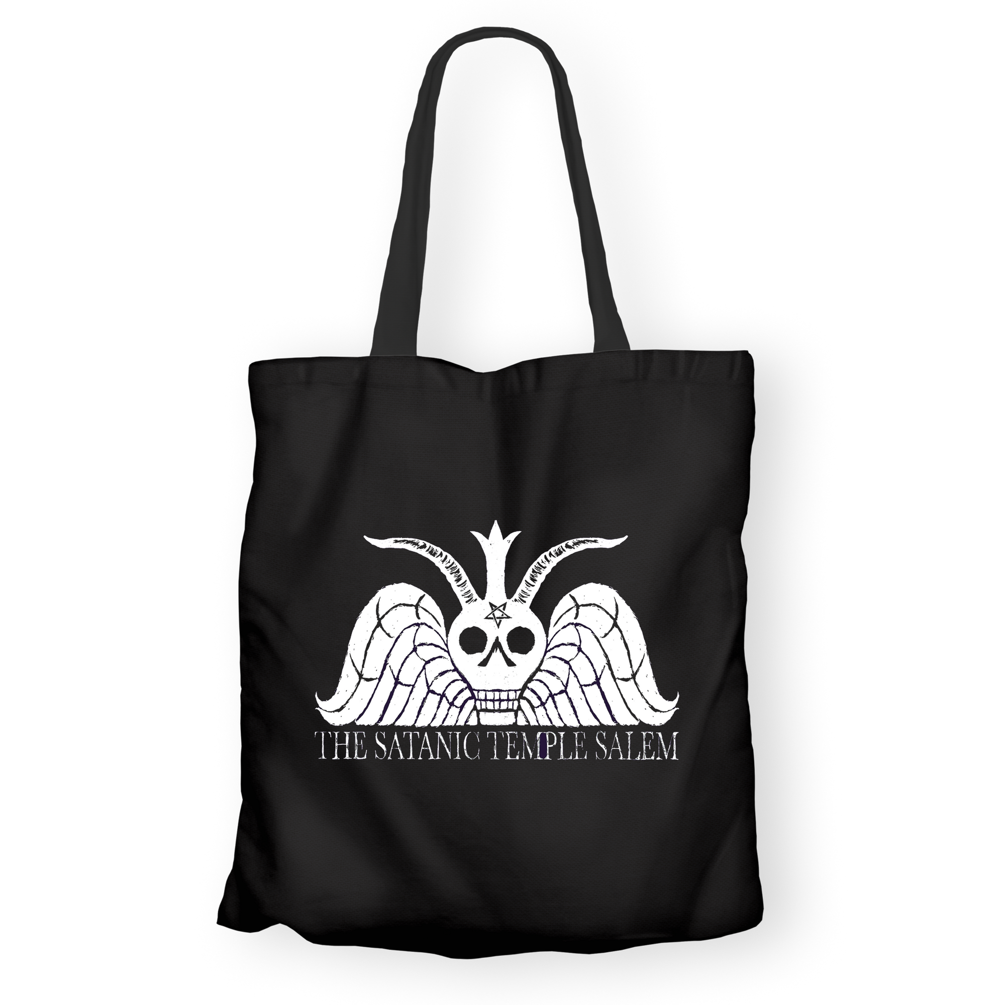 A black canvas tote bag with two handles, featuring a white graphic of a winged skull with horns and the text 'THE SATANIC TEMPLE SALEM' printed on the front, set against a plain white background.