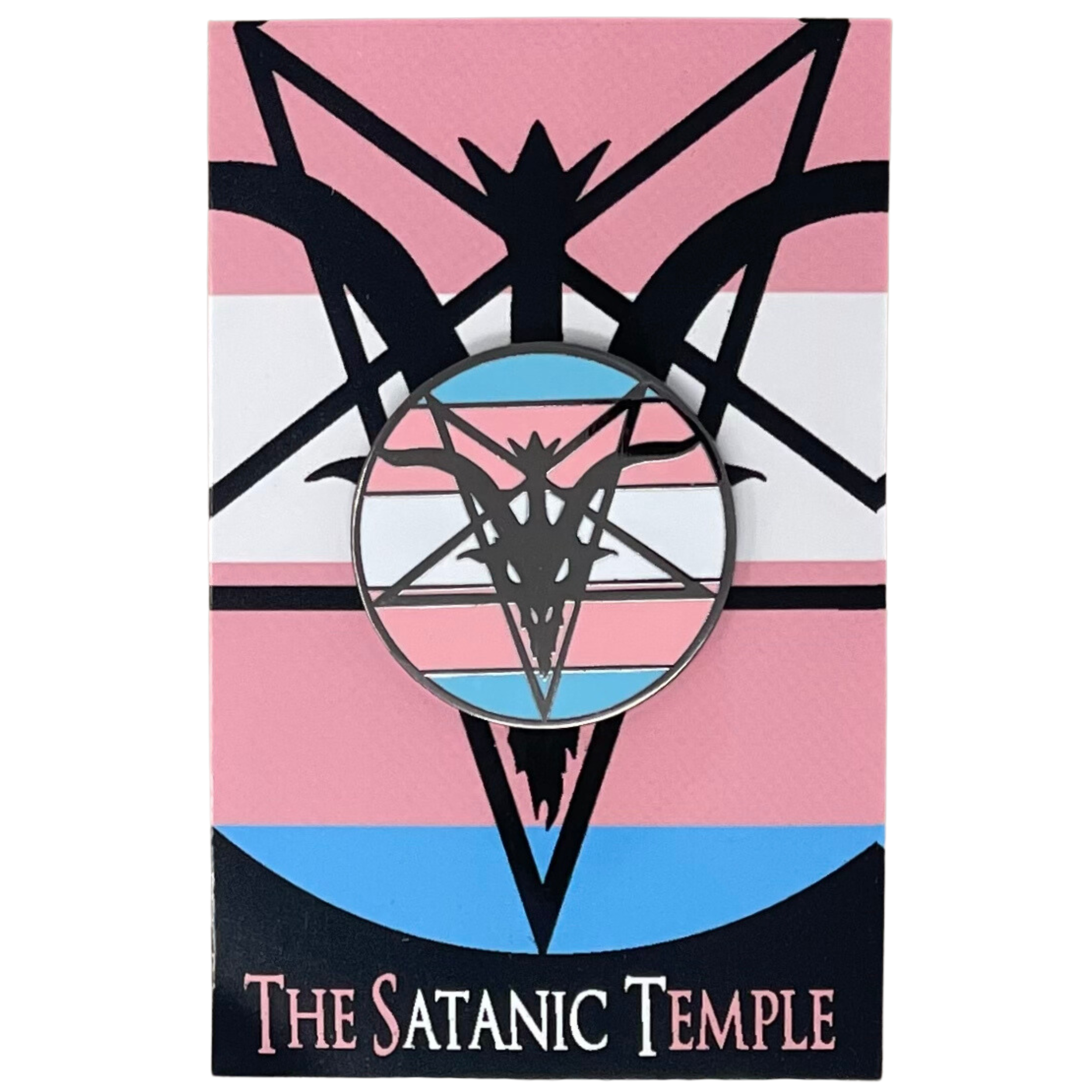 A lapel pin with the Satanic Temple logo set against a Trans Flag striped background, with 'The Satanic Temple' written at the bottom.